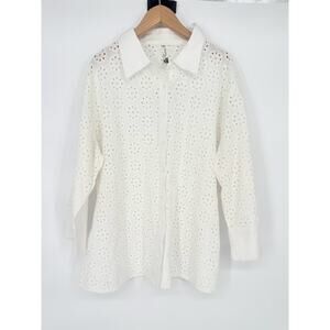 ICanToo Top Women Size XL White Eyelet Lace Button Up Capsule Cottage Romantic